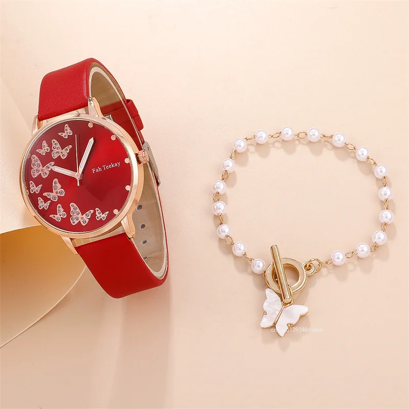 2pcs/Set Womens Butterfly Watches Jewelry Ladies Fashion Watch New Simple Casual Women Analog Wrist Watch Bracelet Gift