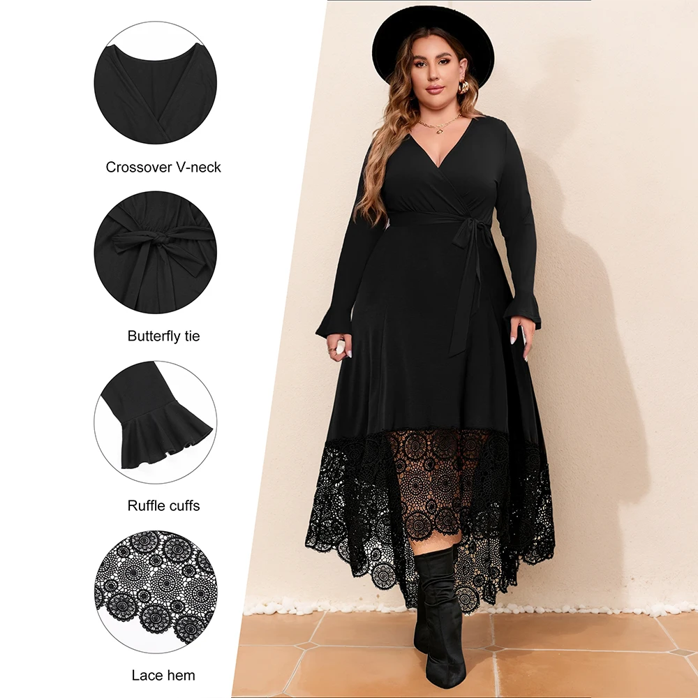 2024 Retro Elegant Women\'s Long Evening Dress Sexy V-neck Long Sleeve Lace Stitch Irregular Hem Bodycon Dress Plus Size Winter