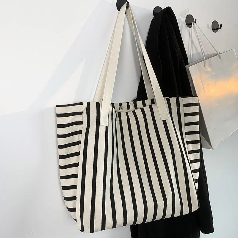 Summer Ladeis Striped Canvas Tote Handbag Retro Shopping Beach Simple Shoulder Bag Casual Vacation Commuter Bag