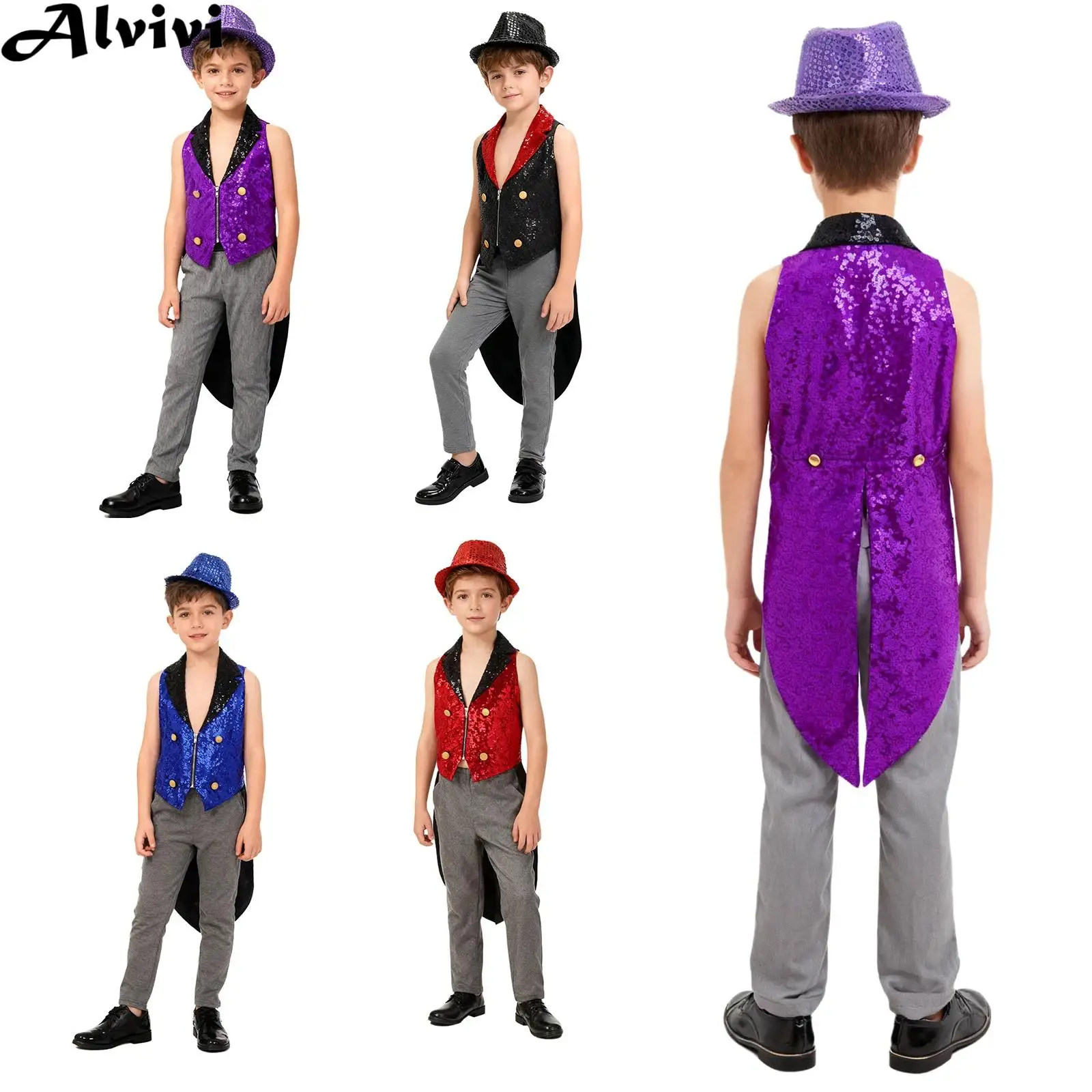 Kids Shiny Sequin Circus Ringmaster Medieval Vest Tailcoat with Fedora Hat Halloween Carnival Magician Showman Cosplay Costume