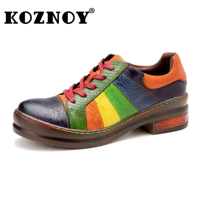 Koznoy Leather Luxury Designer Shoes Women 3cm New Sheepskin Spring Flats Novelty Plus Size Ethnic Elegance Mixed Color