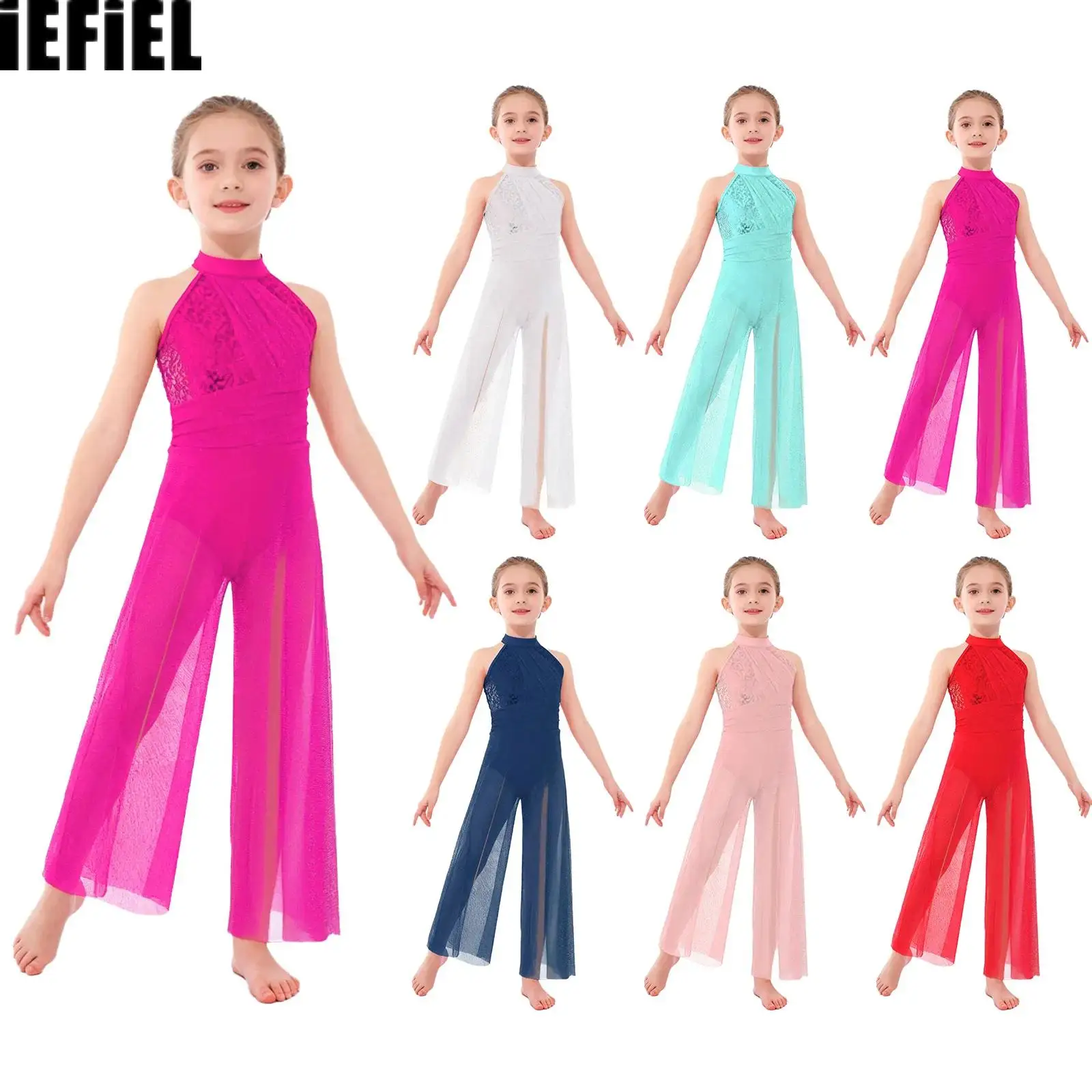 Kids Girls Lyrical Crisscross Back Jumpsuit Sleeveless Mock Neck Shiny Sequins Shimmery Mesh Split Wide-Leg Dance Bodysuit