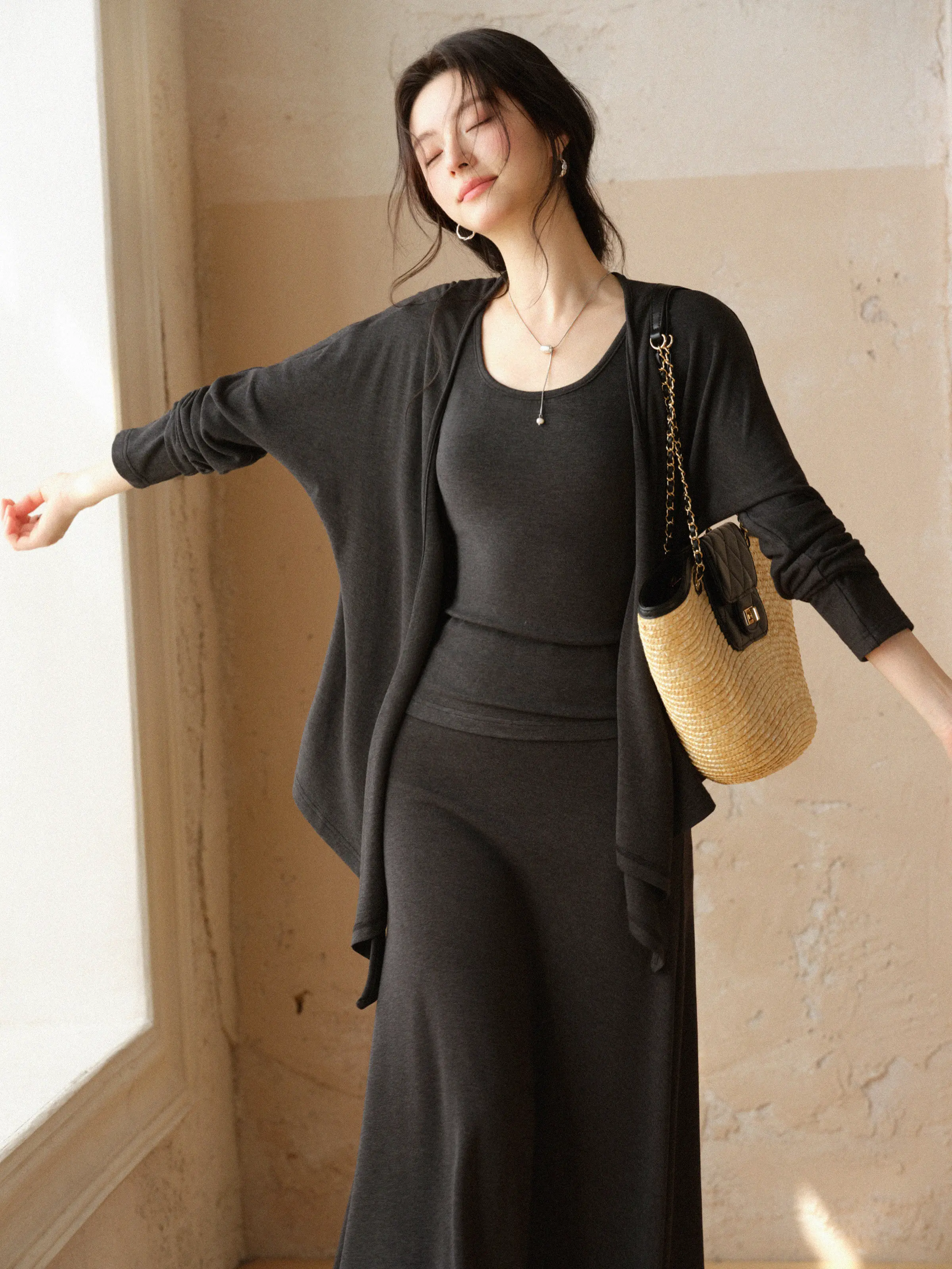 Women Three Piece Skirt Set Elegant Cardigan Top Slim Fit Tank High Waist Mermaid Skirt Outfit Matching Set Lady Chic Daily Wear