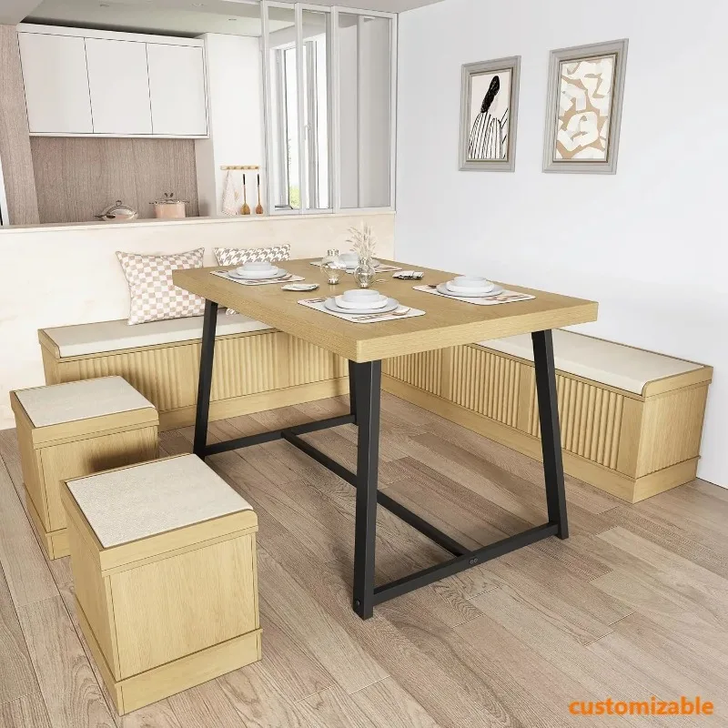 Corner Dining Table Set with Storage Stool and Storage Bench,47 Inch Breakfast Nook with Banquette Seating,6 Pieces Dining
