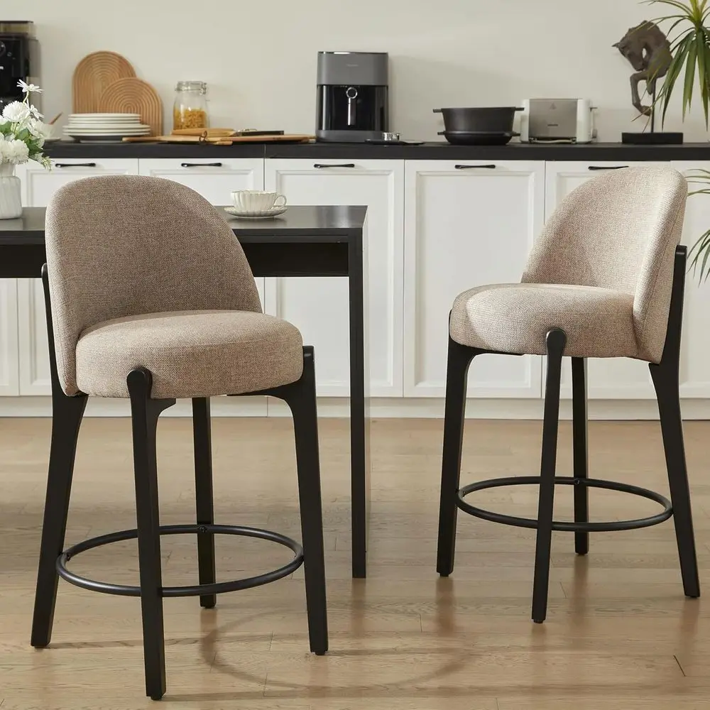 

Set of 2 Brown Upholstered Bar Stools, 26 High, Modern Counter Height, Wood Legs, Suitable for Kitchen Island and Dining Room