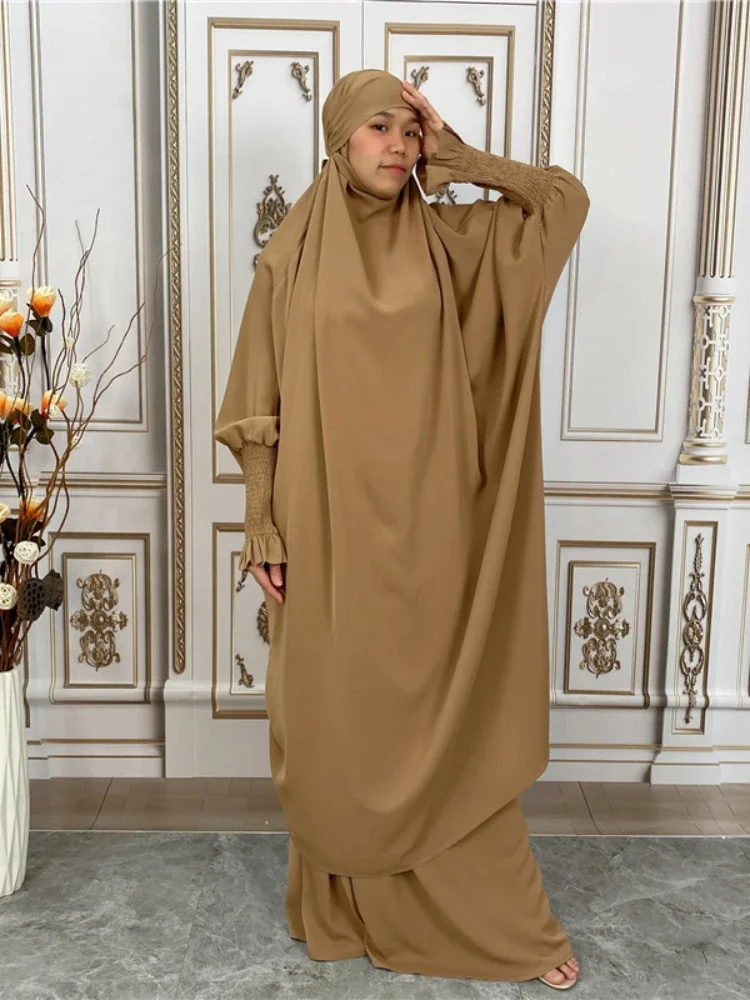 Eid Hooded Muslim Women Dress Nida Prayer Garment 2 Piece Jilbab Skirt Set Abaya Long Khimar Ramadan Gown Islamic Clothes Niqab