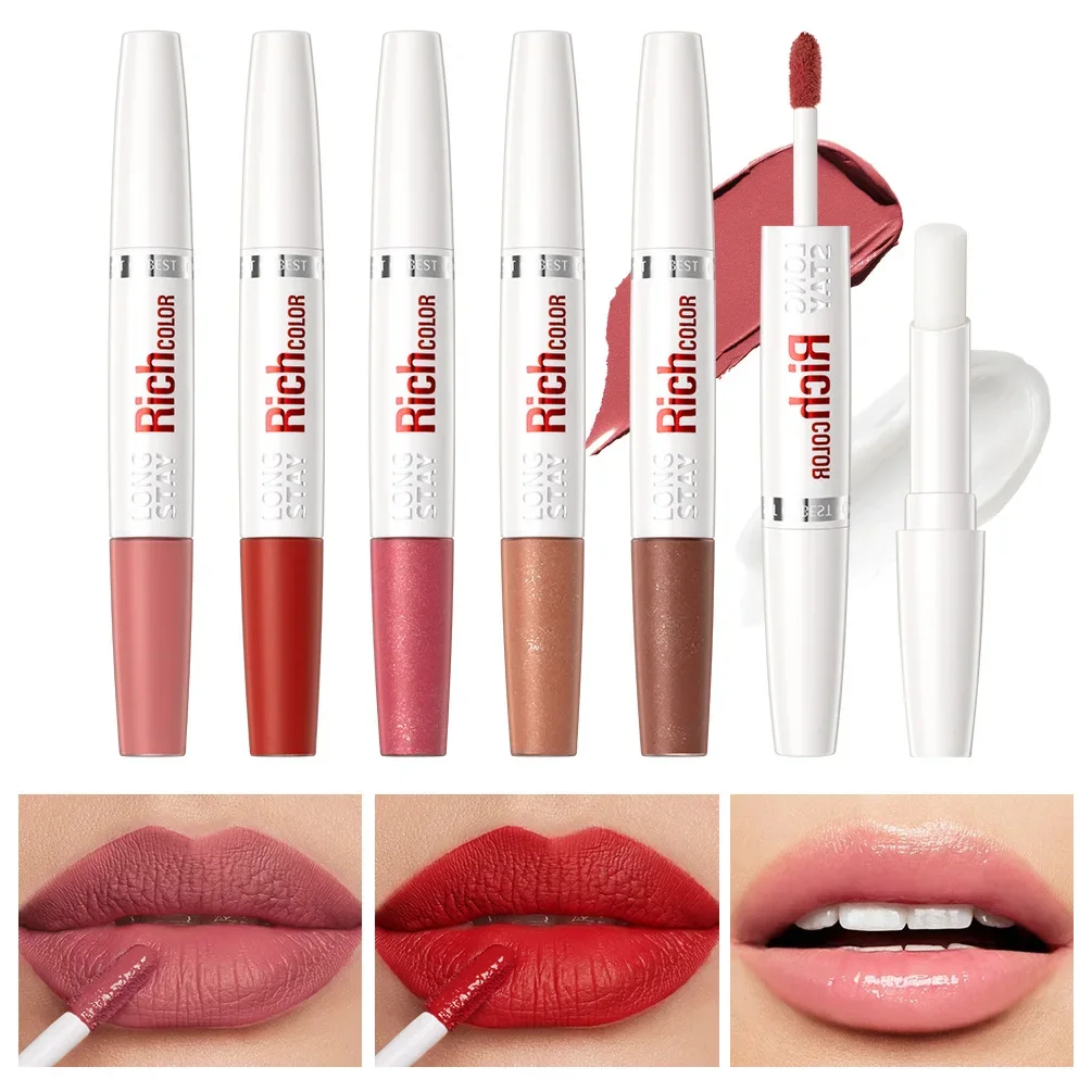 QIBEST Dubbele Hoofd Matte Vloeibare Lipstick 8 Kleuren Waterdichte Langdurige Make-Up Lippenbalsem Verminderen Fijne Lijntjes Lipgloss Cosmetica