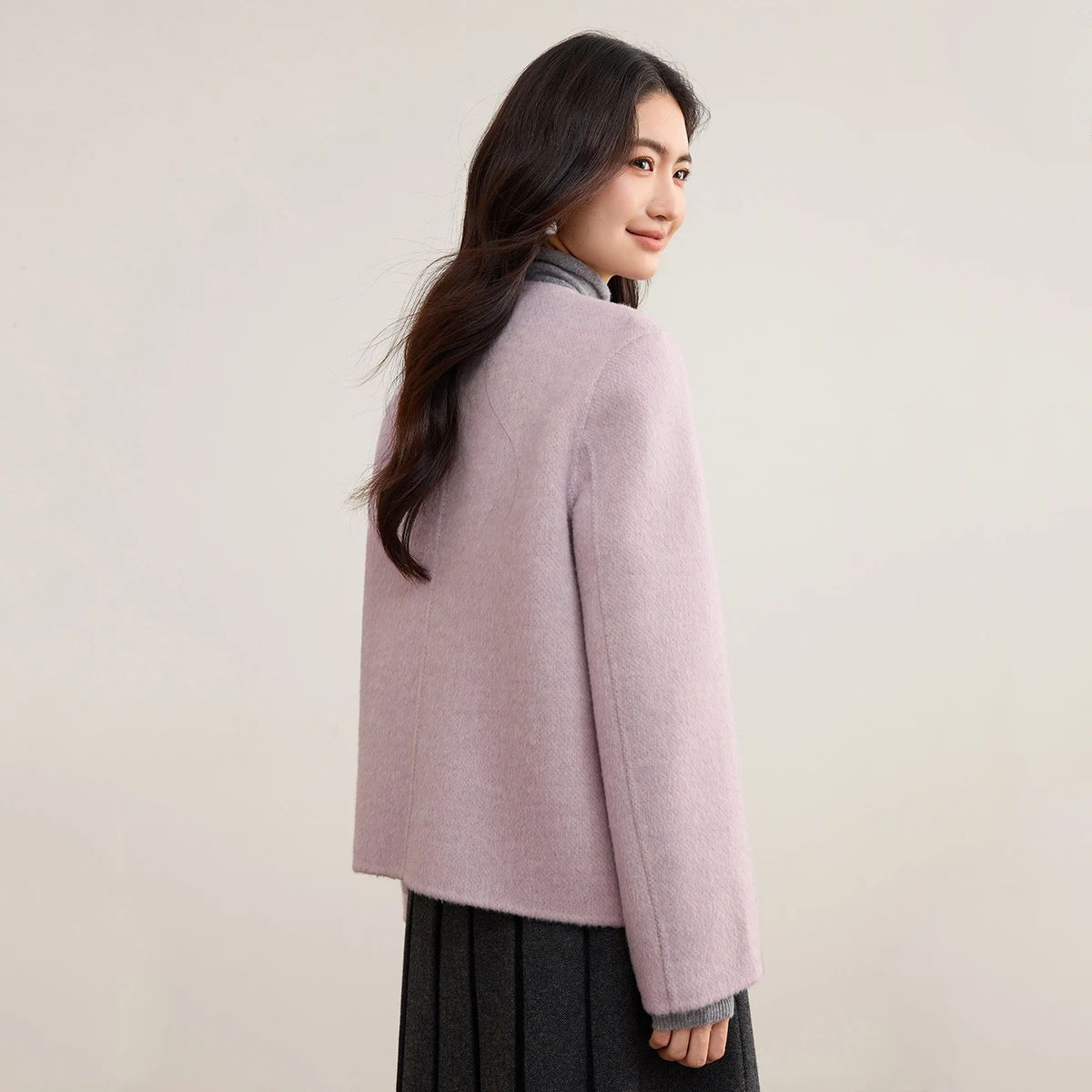 SENTUBILA Women Wool Blend Double Faced Woolen Coat Crew Neck Color Contrast Cropped Winter Elegant Commuter Overcoat W54OF8772