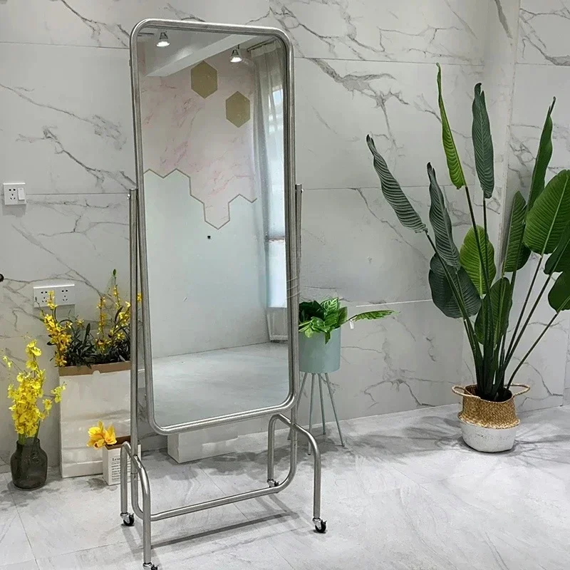 Clothing Store Full-Length Mirror Full Body Floor Mirror with Wheels Movable Vertical Large Mirror