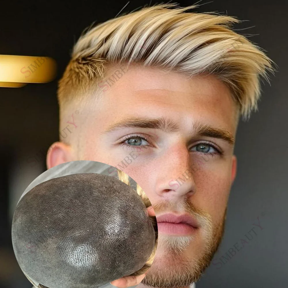 100% شعر الإنسان أومبير العسل شقراء شعر مستعار للرجال سوبر دائم كامل بولي Base قاعدة الشعرية نظام الاصطناعية شعري طبيعي رجل الشعر المستعار #1