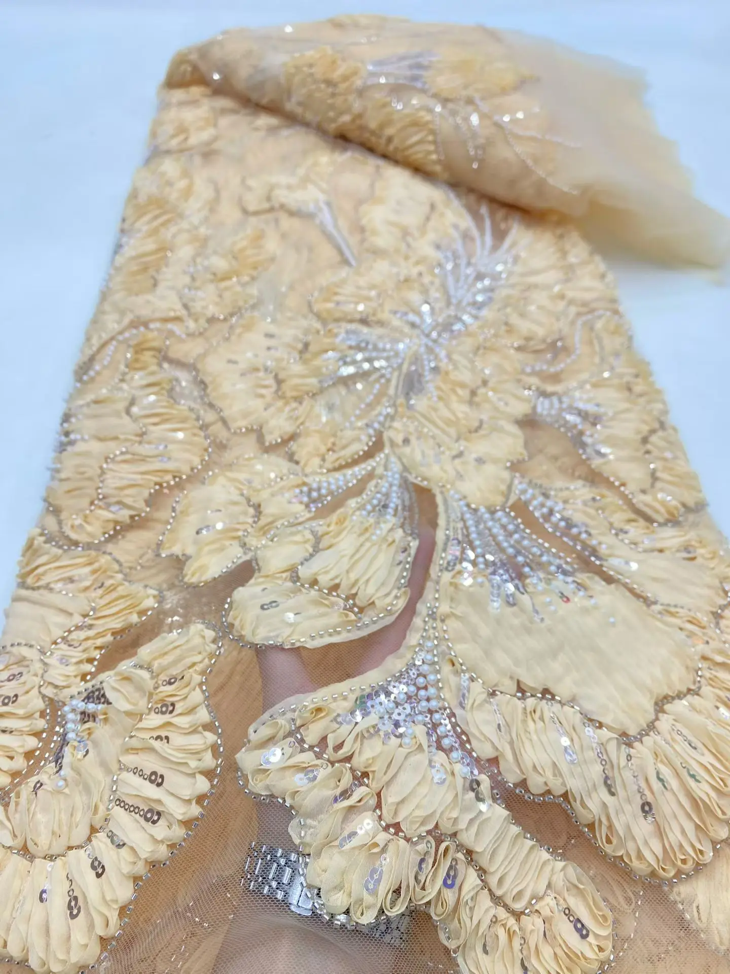 

2026 African Nigerian Latest High Quality With Guipure Embroidery Tulle Sewing Lace Fabric Dresses Sequins 5Yards DP0494