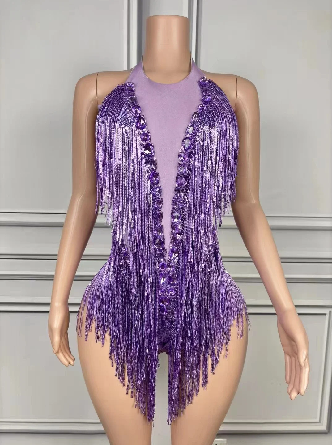 Sparkly Rhinestones Fringe Leotard Sexy Sequins Tassel Bodysuit Women Latin Jazz Pole Dance Costume Stage Performance Catsuit