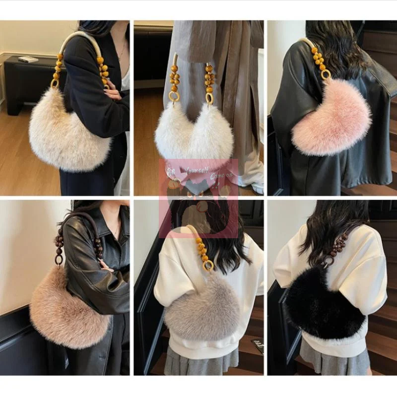 

Solid Color Wooden Bead Handbag Fashion Plush Women's Shoulder Bag Trendy Versatile Underarm Bag for Casual Wear