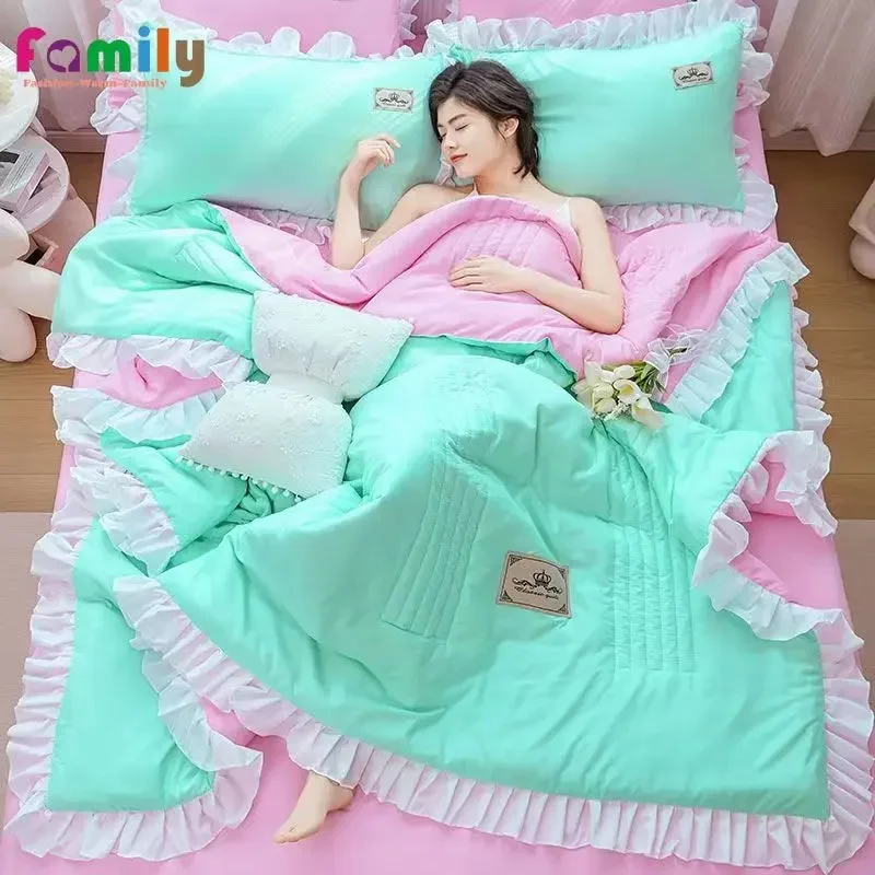 

Женское Хлопковое одеяло, постельное белье принцессы, летние одеяла с кондиционированием воздуха, пасторальное Клетчатое одеяло, постельное белье, фиолетовая юбка