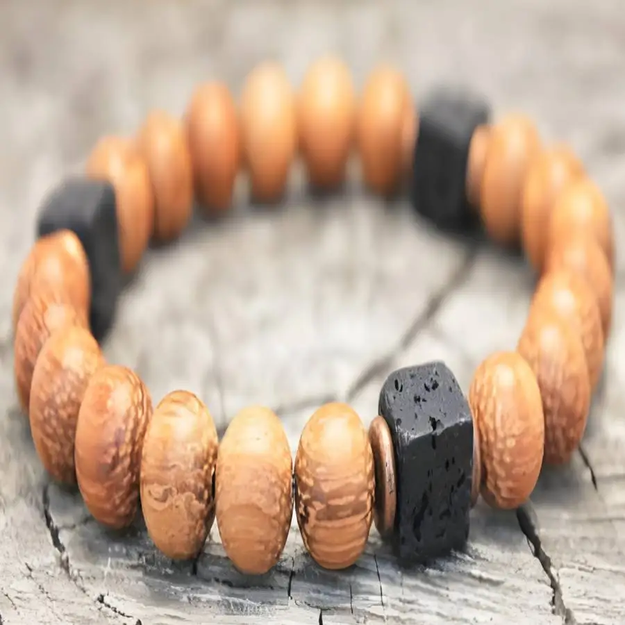Wood Square Volcanic Stone Bracelet Buddha Beads Gemstone Buddhist Mala Buddha Japa Women Tibetan Hand Stone Bead elastic