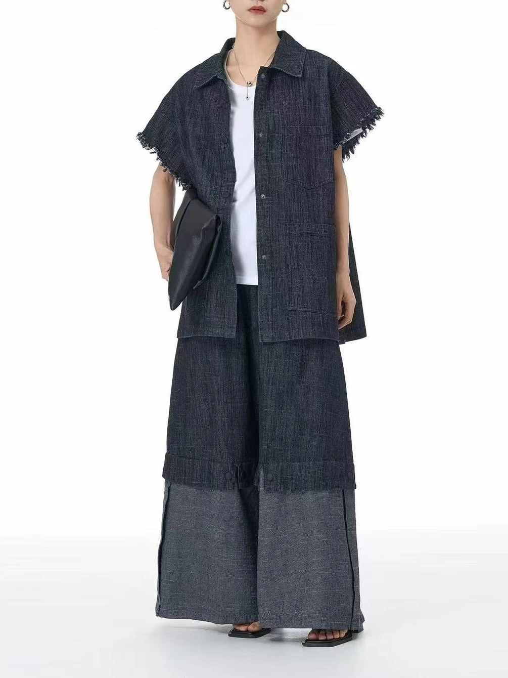 Superaen gola quadrada borda áspera camisa jeans empilhados colete 2025 verão moda feminina estilo colete calça conjuntos