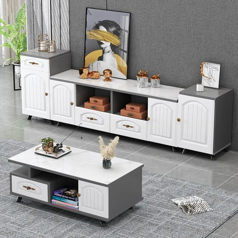 Mediterranean Style TV Stand and Coffee Table Combo European Simple Tempered Glass Floor Cabinet for Small Apartment Bedroom
