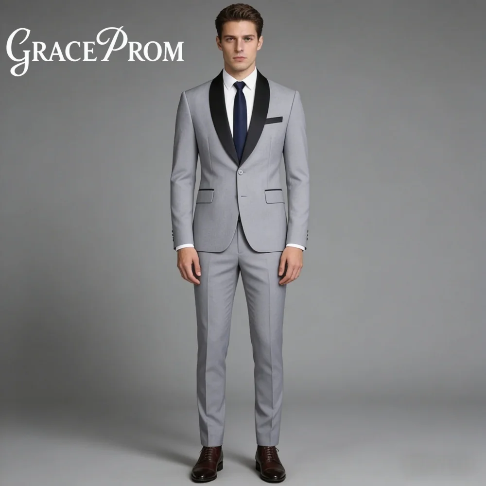 

\premium Light Gray Black Shawl Lapel For Men Formal Single Breasted Suit Groom Suit Set Jacket Vest Pants Wedding Customized