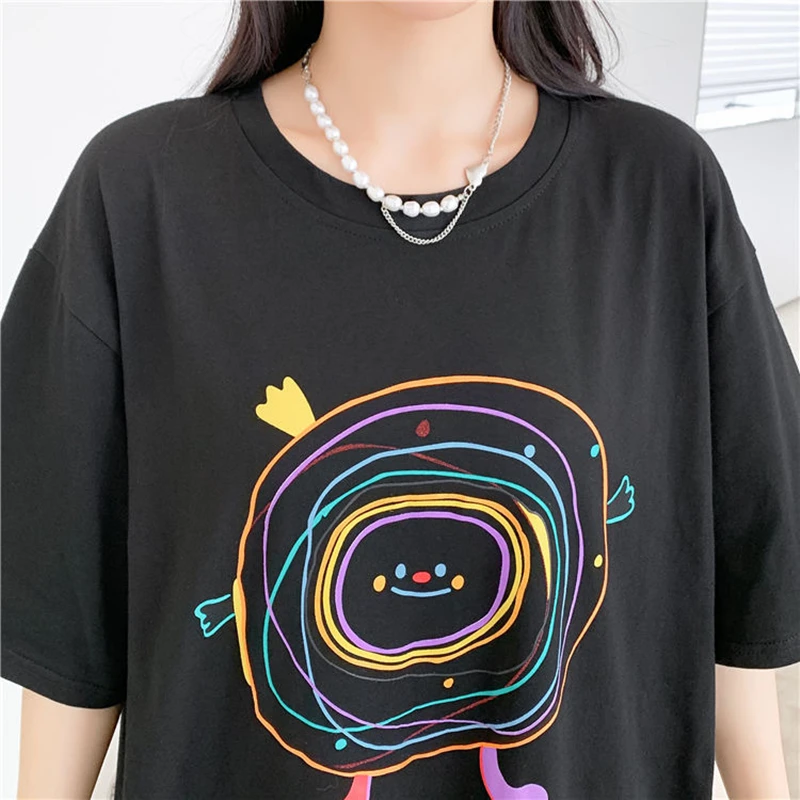 Plus Size Women's Dresses for 2024 Summer Cartoon Print Lady Loose Causal Vestidos Black Color Split T-Shirts Dress Female Robe