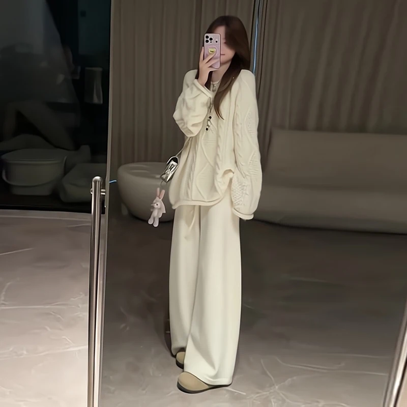 korean-style-maternity-set-fleece-lined-loose-wide-leg-pants-knitted-thick-winter-two-piece-set-for-pregnant-women