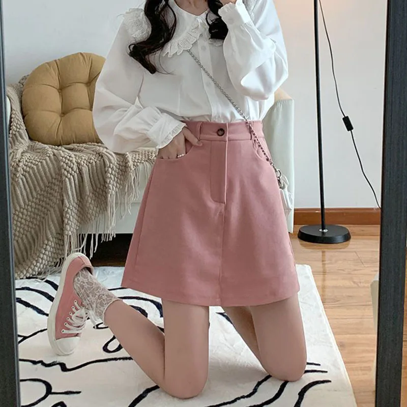 Pink Cotton Fake Two Pieces Mini Skirt Women Summer Korean High Waist Bandage A-Line Skirt Preppy Wild Solid Short Skirts Woman