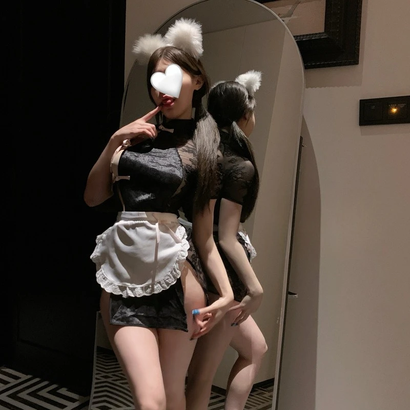 

Chinese Antique Sexy Lingerie Cheongsam Dress Lace See-Through Anime Women Qipao Skirt Cosplay Maid Costumes Traditional Outfit