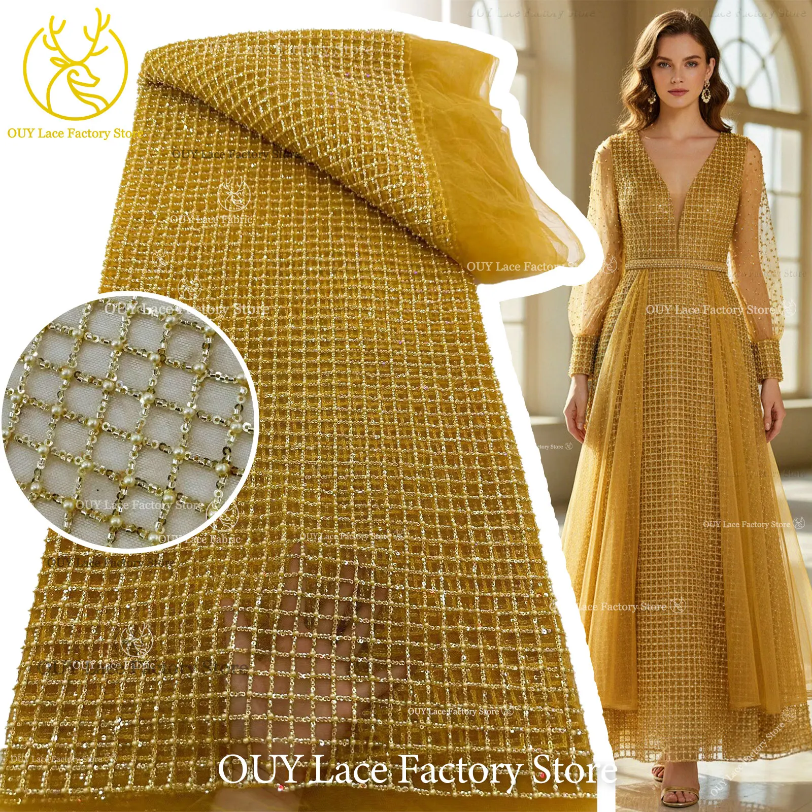 

Gold Luxury Checkered Beaded Tulle Lace Fabric 2026 High Quality African Nigerian Sequins Mesh Lace For Women Party Dress Sewing