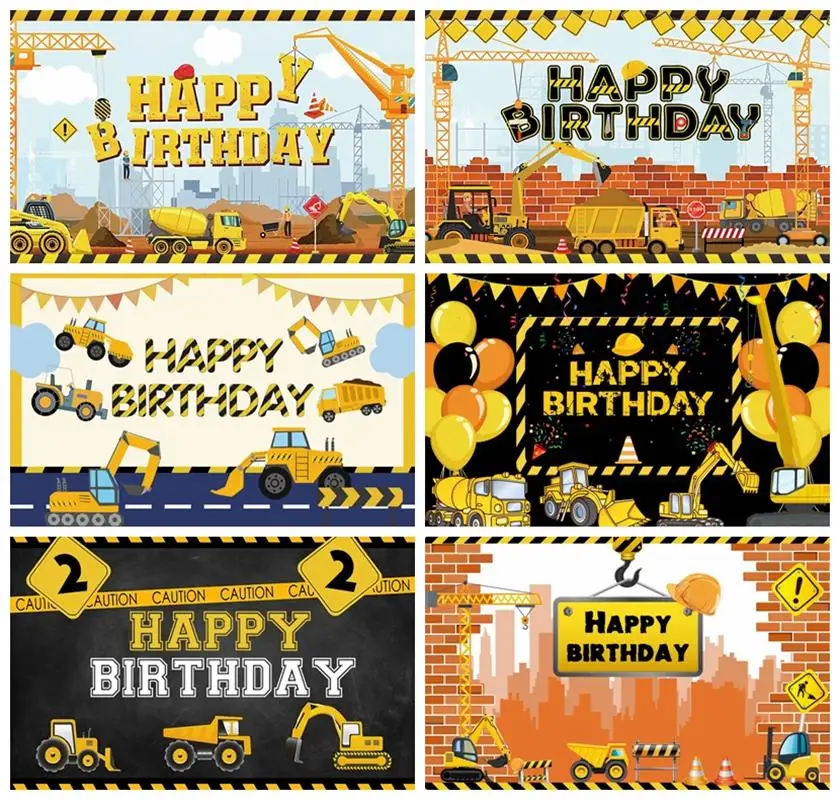 Laeacco Birthday Backgrounds Construction Zone Excavator Truck Crane Builder Boy Newborn Photography Backdrops For Photo Studio