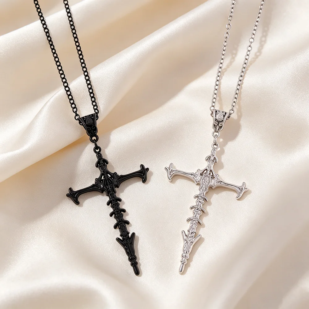 Trendy Niche Design Skeleton Cross Necklace Retro Personality Clavicle Pendant for Friend Jewelry Accessories