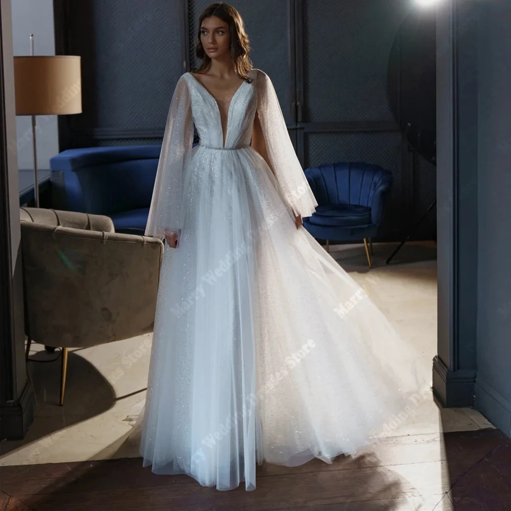 

Simple Boho Deep V-Neck Women Wedding Dresses Illusion Tulle Long Sleeves Bride Gown Floor Length Robe De Mariée Customized 2026