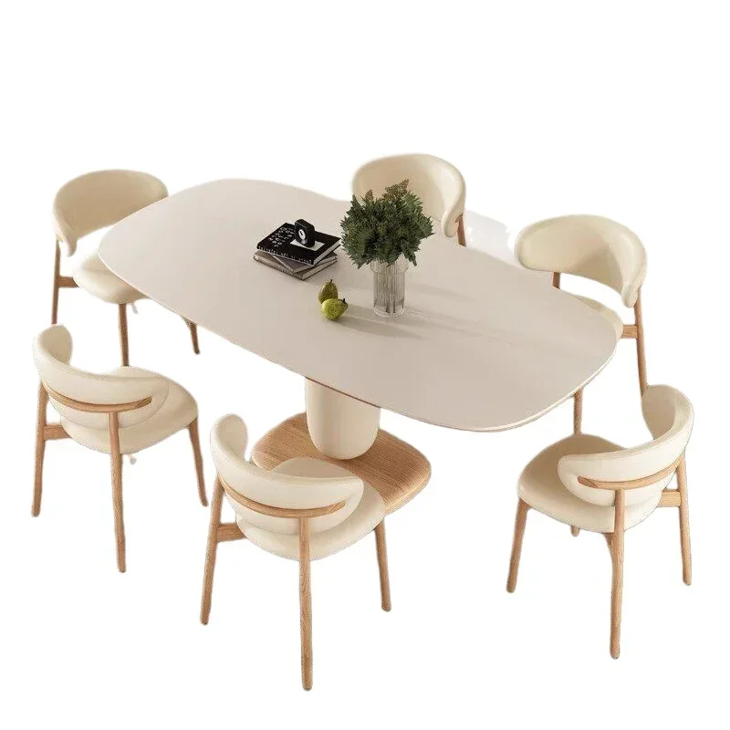 

Cream wind solid wood rock board dining table and chair combination, celebrity home Nordic dining table