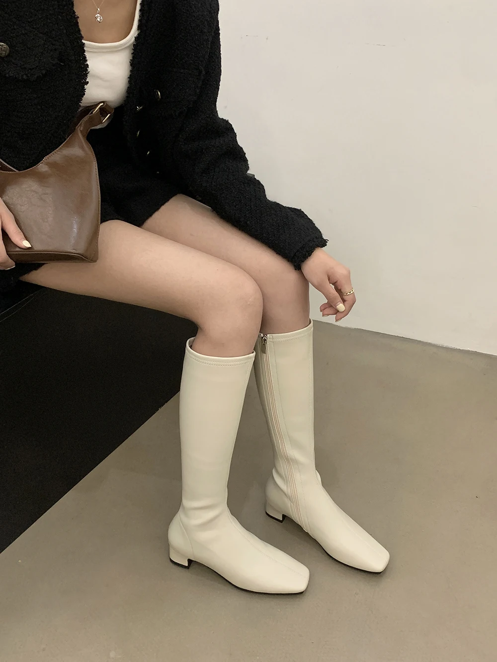 Square Toe Women Knee High Boots 2024 New Arrivals Thick Flat Mid Heels Black Beige Brown Khaki Winter Dress Shoes Woman Size 40