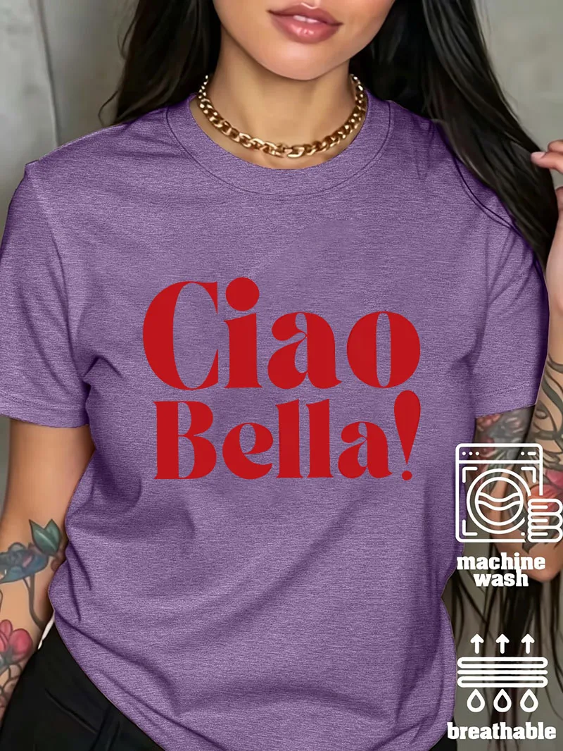Y2k Fashion Women Ciao Bella Letter Print T-Shirt Short Sleeve 90s Clothing Female Vintage Tops Tees Casual Summer Clothes