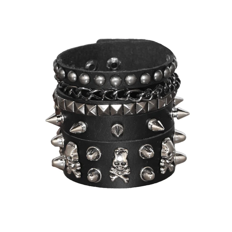 Punk Leather Men\'s Bracelets Gothic Spike Skull Head Rock Bracelets For Men Fashion Cosplay Hip-Hop Leather Bracelets Gifts