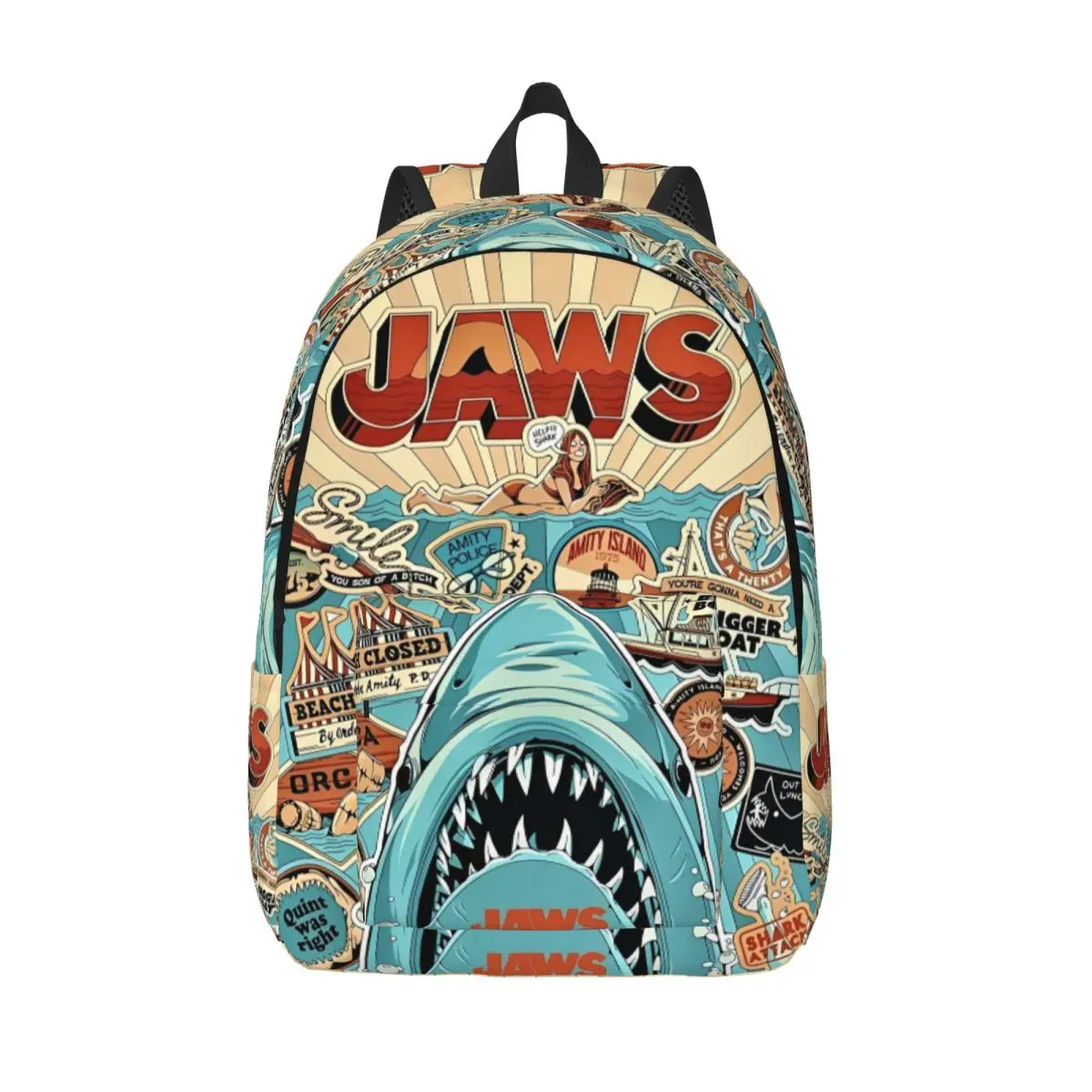 Mochila Jaws Classic Film Amity Island para hombres, mujeres, adolescentes, estudiantes, senderismo, viaje, mochila, bolso de hombro para ordenador portátil de terror al aire libre