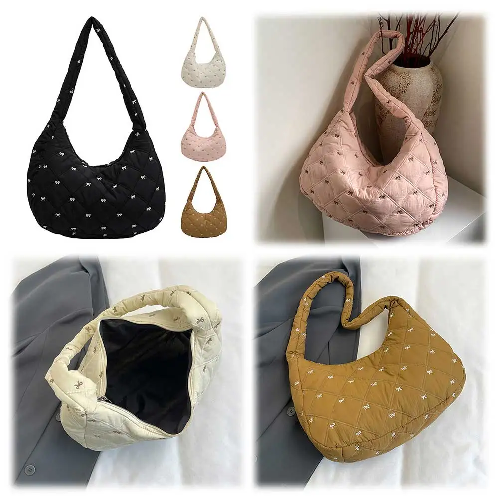 

Women Quilted Shoulder Bag Bow Pattern Puffer Tote Handbag Quilted Underarm Bag Quilted Padding Tote Bag Ladies Commute Bag