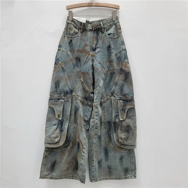 

Women's Cargo Jeans Drawn Graffiti Wide Leg Denim Multiple Pockets Pants 2026 New Fashion Autumn