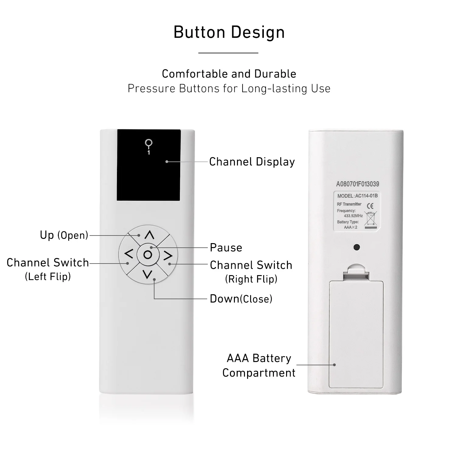 AC114-01B,AC114-06B Blinds Transmitter AC114-06 RF 433.92 Wireless Control for Motorized Roller Shades and Blinds