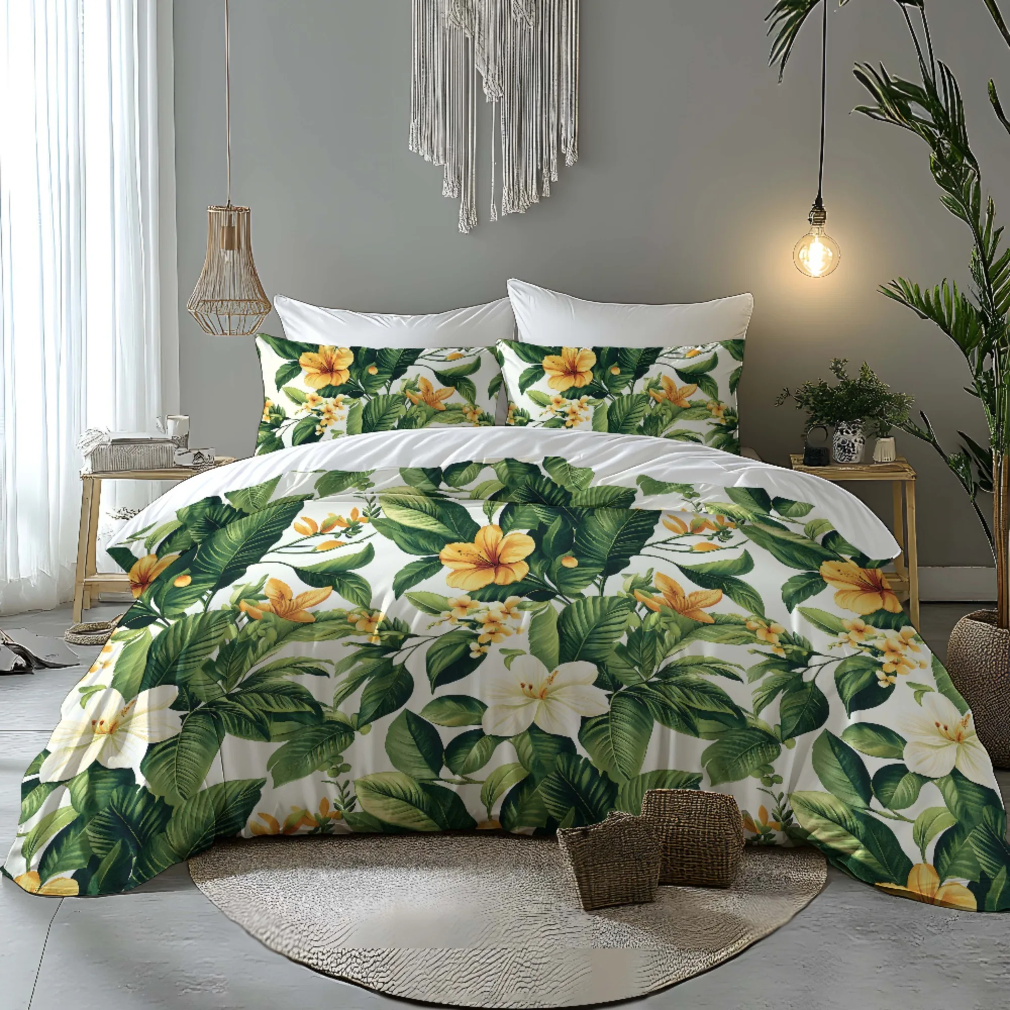 Ultra-Soft Velvet Duvet Cover Set Watercolor Green Leaves Pure White Flowers Design Stereoscopic Digital Print Bedding