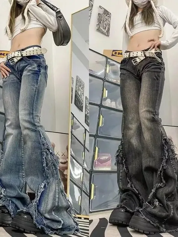 Retro American Washed Frayed Micro Flared Denim Jeans Women Y2K Spicy Slimming Heavy Duty Long Pants Natural Waist Zipper Clo...