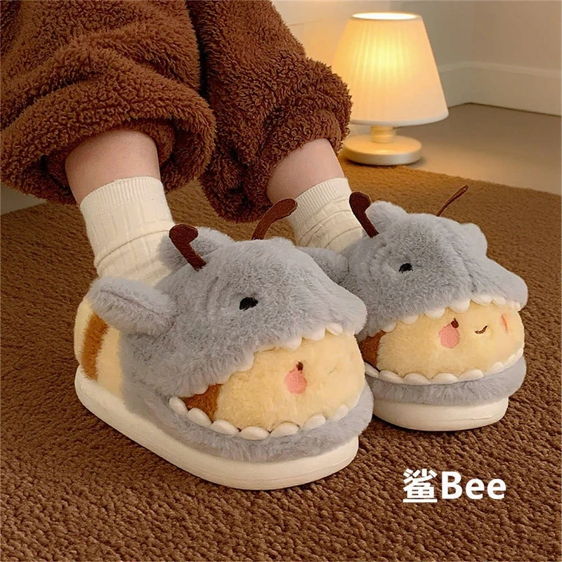 

Cute Shark Bee Slippers For Men And Women Winter Warm Cotton Slippers Plush Cartoon Indoor Slippers For Couples And Home Use