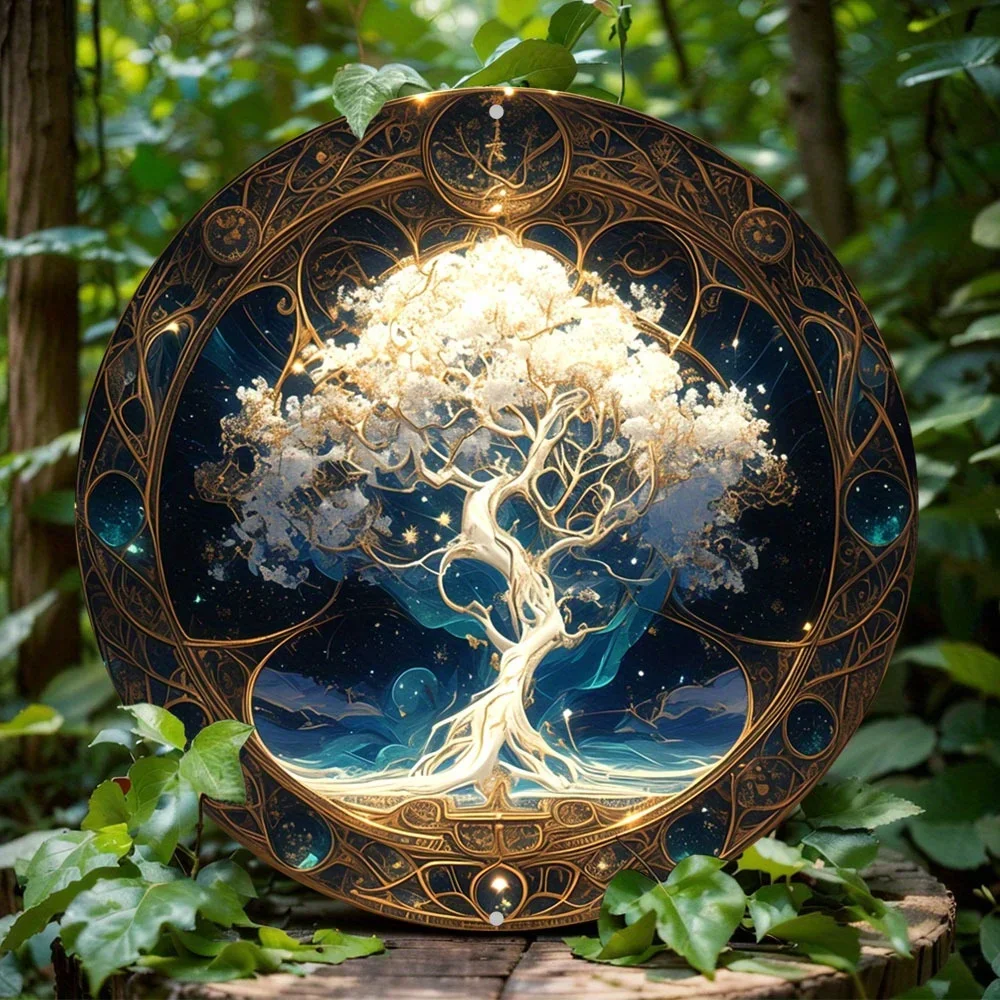 Tree of Life Mandala Vintage Metal Round Sign Art Deco Style Aluminum Wall Decor for Front Door, Porch, Living Room, Bedroom