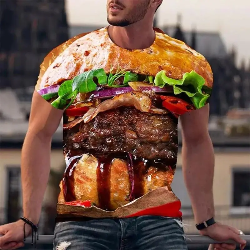 Summer Men\'s Fashion Creative Food Hamburger Pattern 3d Printed T-Shirt Personality Street Loose O Collar Short Sleeve 6xl