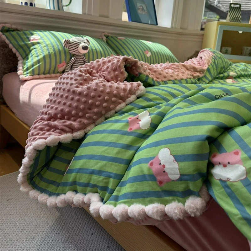 Bedroom, plush, furry ball edge, double-layer yarn, with bean velvet, striped teddy bear green four piece set of warm bedding