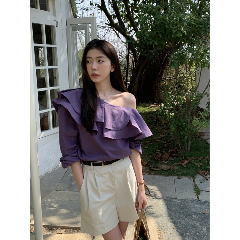 Elegant Ruffles Shirts Women Korean White Skew Collar Long Sleeve Blouses Office Ladies Fashion Sexy Off Shoulder All Match Tops