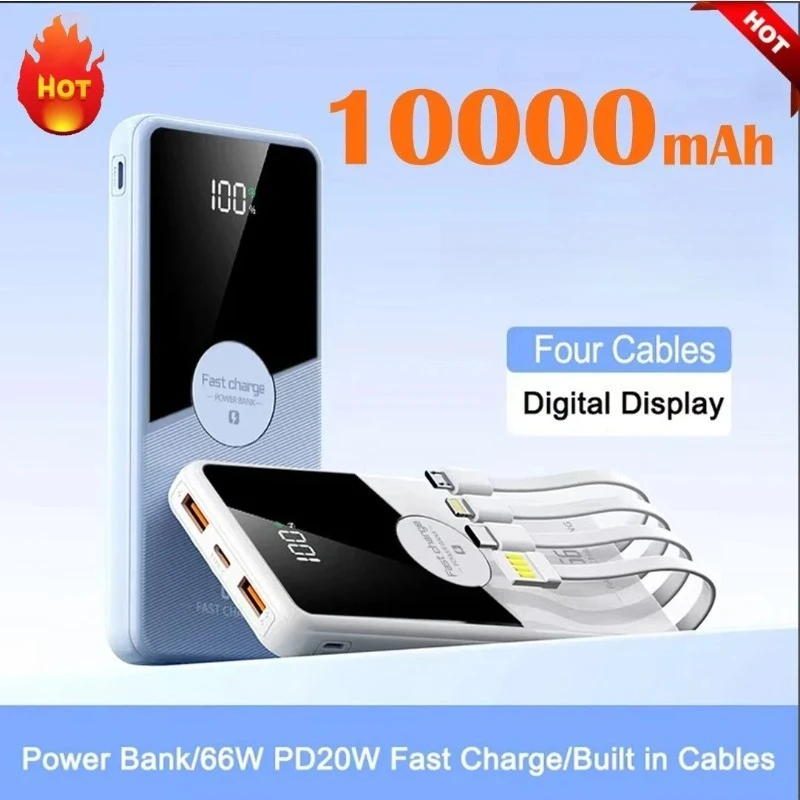 

10000mAh High Capacity Power Bank with 4 Built-in Charging Cables Fast Charging Portable Charger for Smartphones Tablets