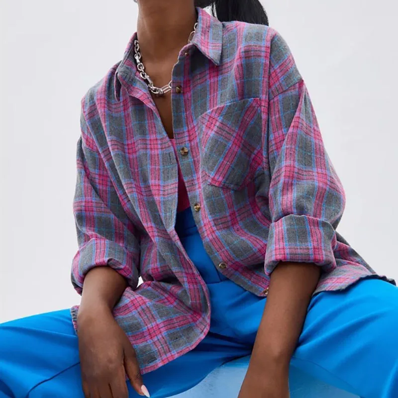 エレガントな女性用長袖ラペル通勤シャツ、レジャーポケット付きチェック柄プリントレディースブラウス、新作秋シングルブレストレトロコート