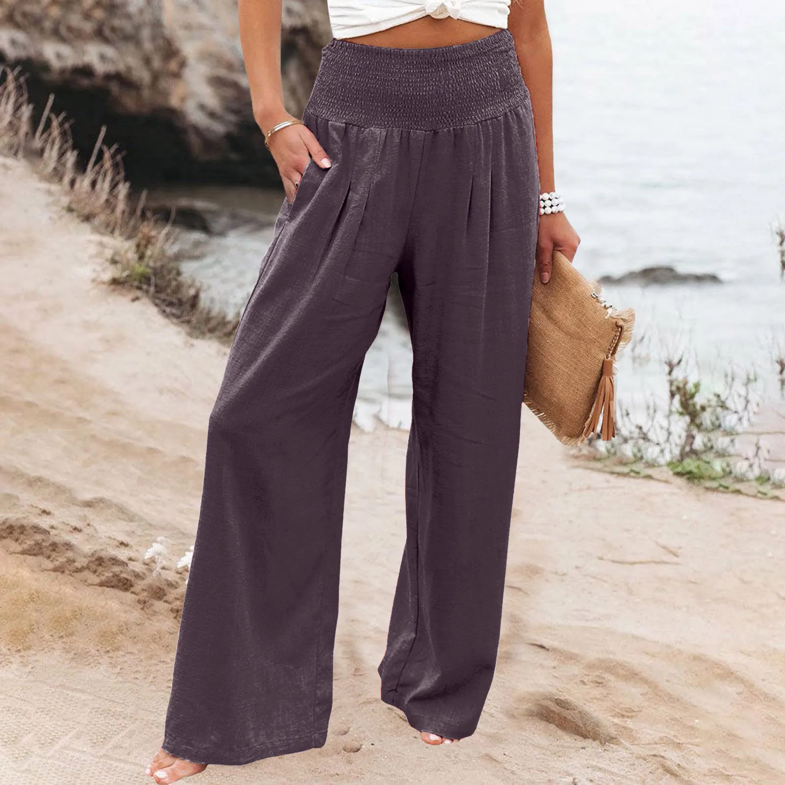 

Linen Pants For Women High Waisted Wide Leg Loose Fit Palazzo Pants Casual Beach Trendy Trouses With Pockets