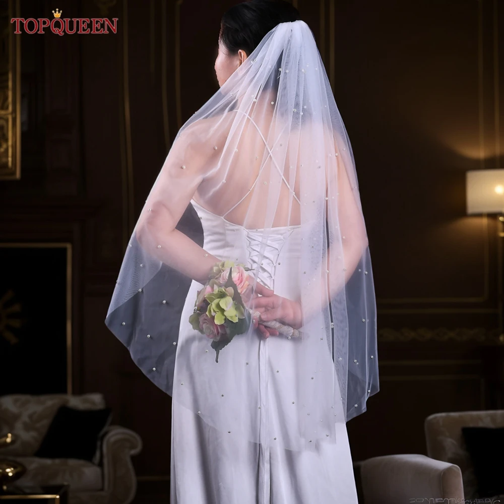 

TOPQUEEN V05 Pearls Wedding Veils with Comb 100% Handmade Beaded Wedding Accessories 3M Cathedral Wedding Veil Luxury Elegant