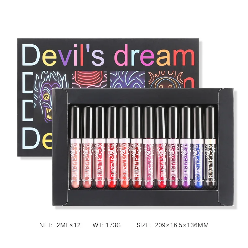 12Pcs/Box Glitter Lipstick Set Waterproof Sexy Blue Purple Black Lip Gloss Shiny Lip Tint Halloween Makeup Tool Korean Cosmetics